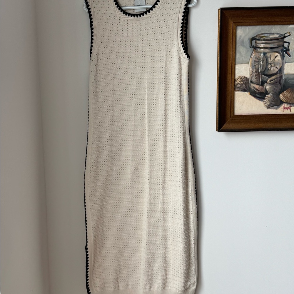 Varley Cream Knit Sleeveless Mini Dress with Black Scalloped Trim - Picture 2 of 5